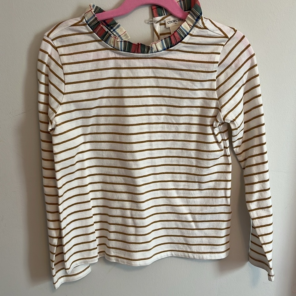 Girls striped metallic long sleeve t-shirt with plaid collar